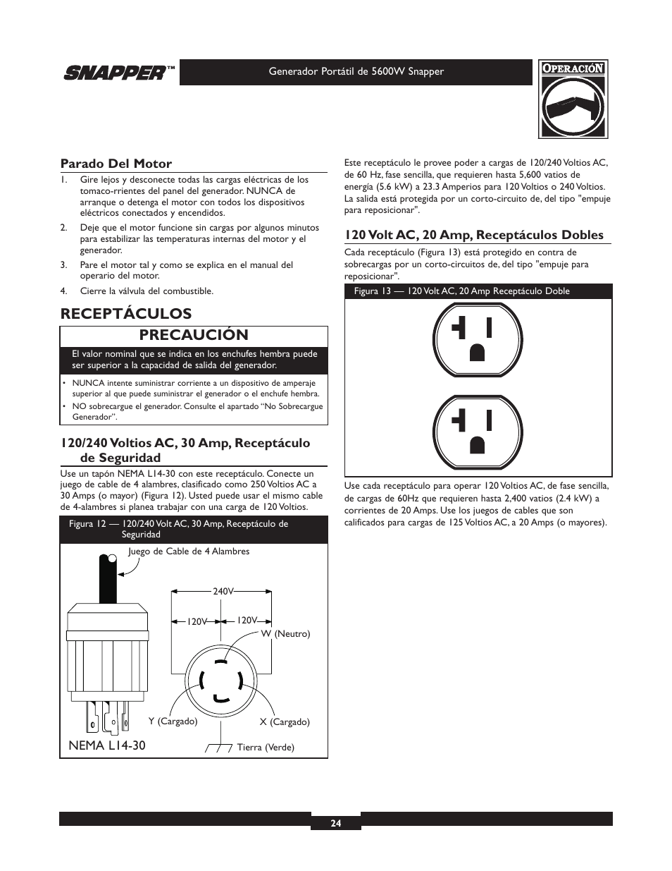 Receptáculos, Precaución | Snapper 030215-1 User Manual | Page 24 / 28