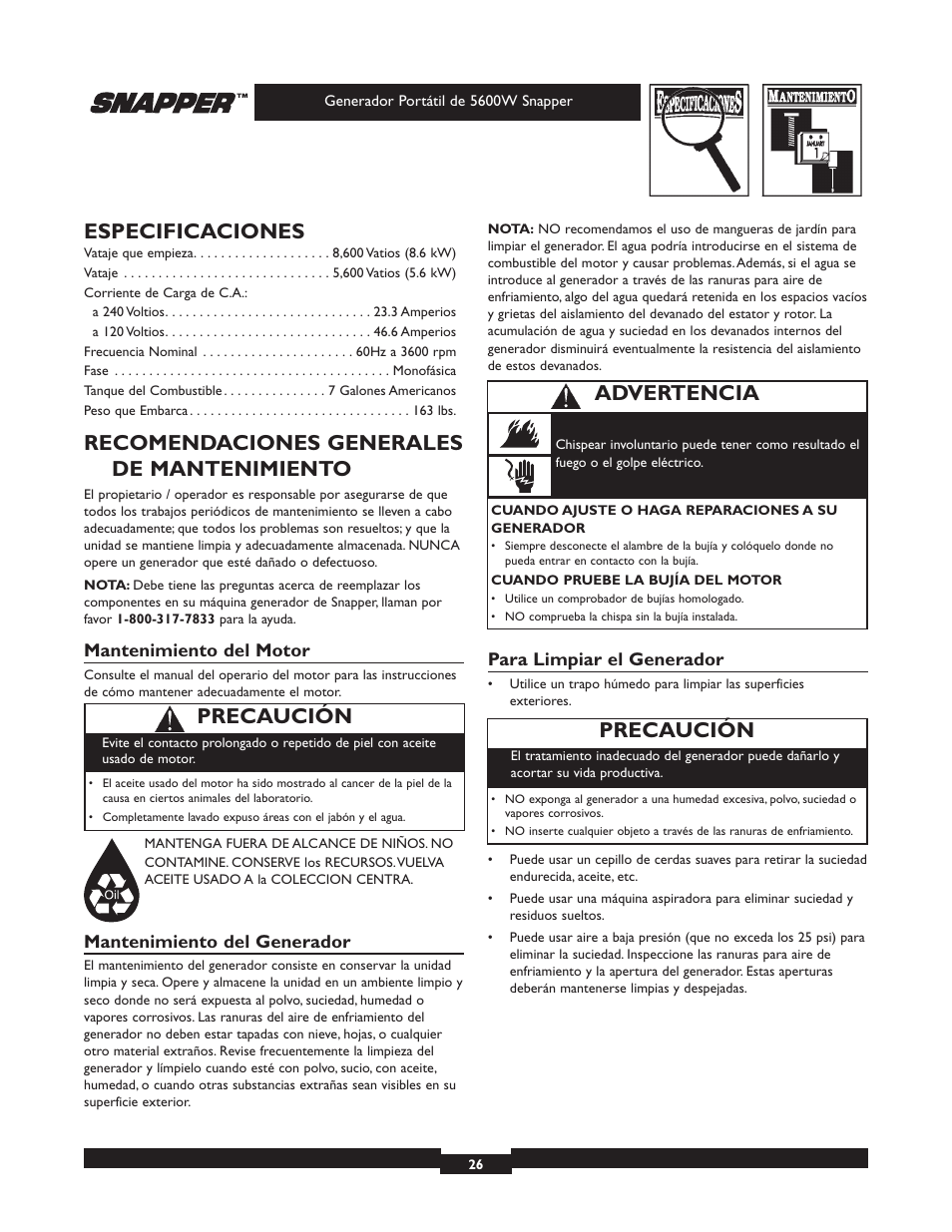Especificaciones, Recomendaciones generales de mantenimiento, Precaución | Advertencia | Snapper 030215-1 User Manual | Page 26 / 28