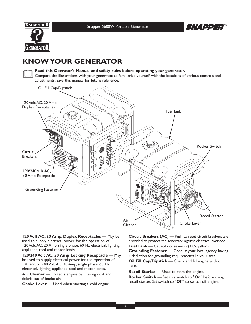 Know your generator | Snapper 030215-1 User Manual | Page 5 / 28