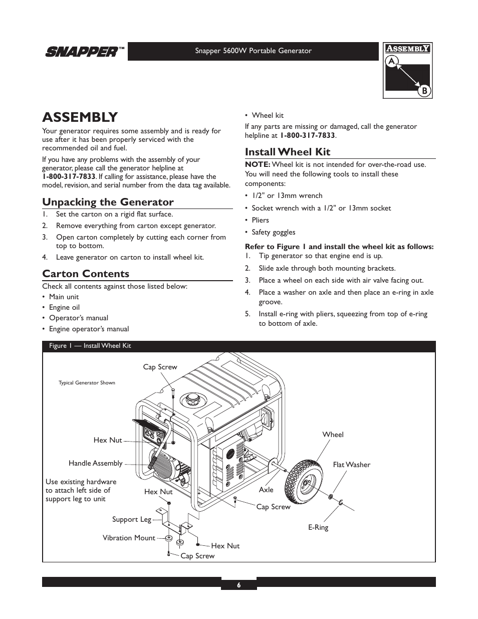 Assembly, Unpacking the generator, Carton contents | Install wheel kit | Snapper 030215-1 User Manual | Page 6 / 28