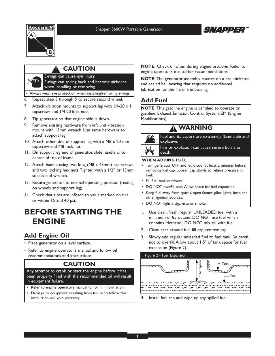 Before starting the engine, Add engine oil, Add fuel | Caution, Warning | Snapper 030215-1 User Manual | Page 7 / 28