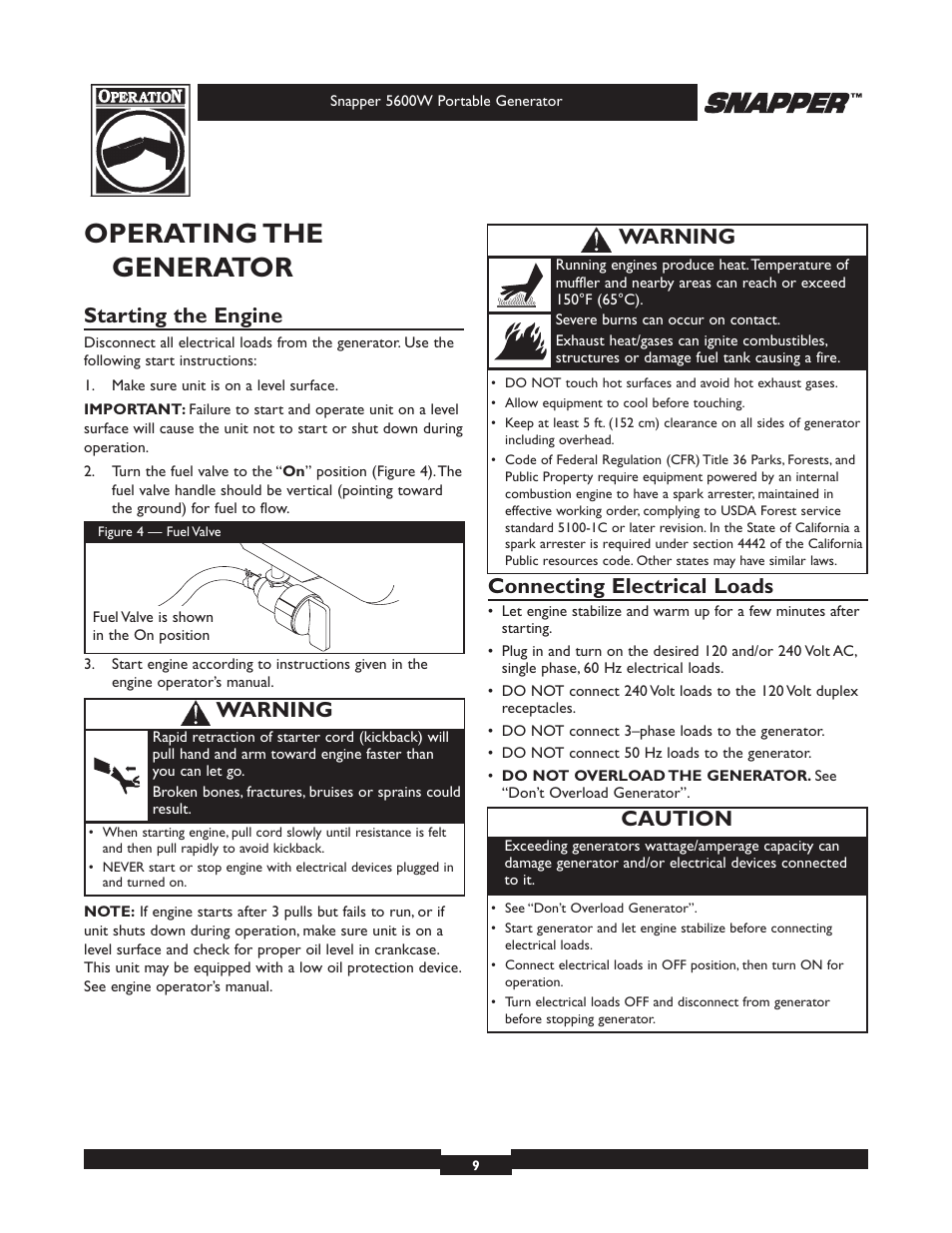 Operating the generator, Starting the engine, Connecting electrical loads | Caution, Warning | Snapper 030215-1 User Manual | Page 9 / 28