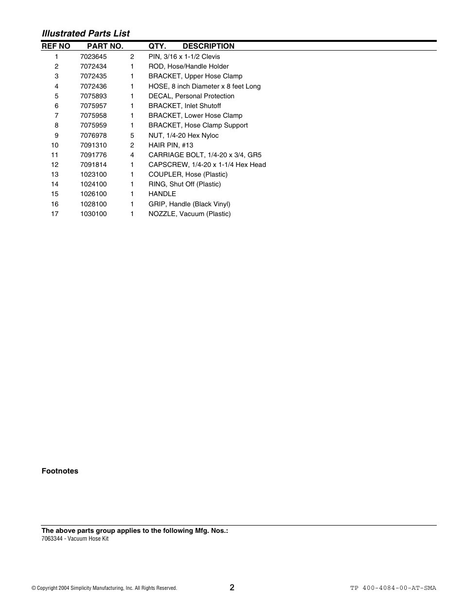 Illustrated parts list | Snapper 4084 User Manual | Page 3 / 4