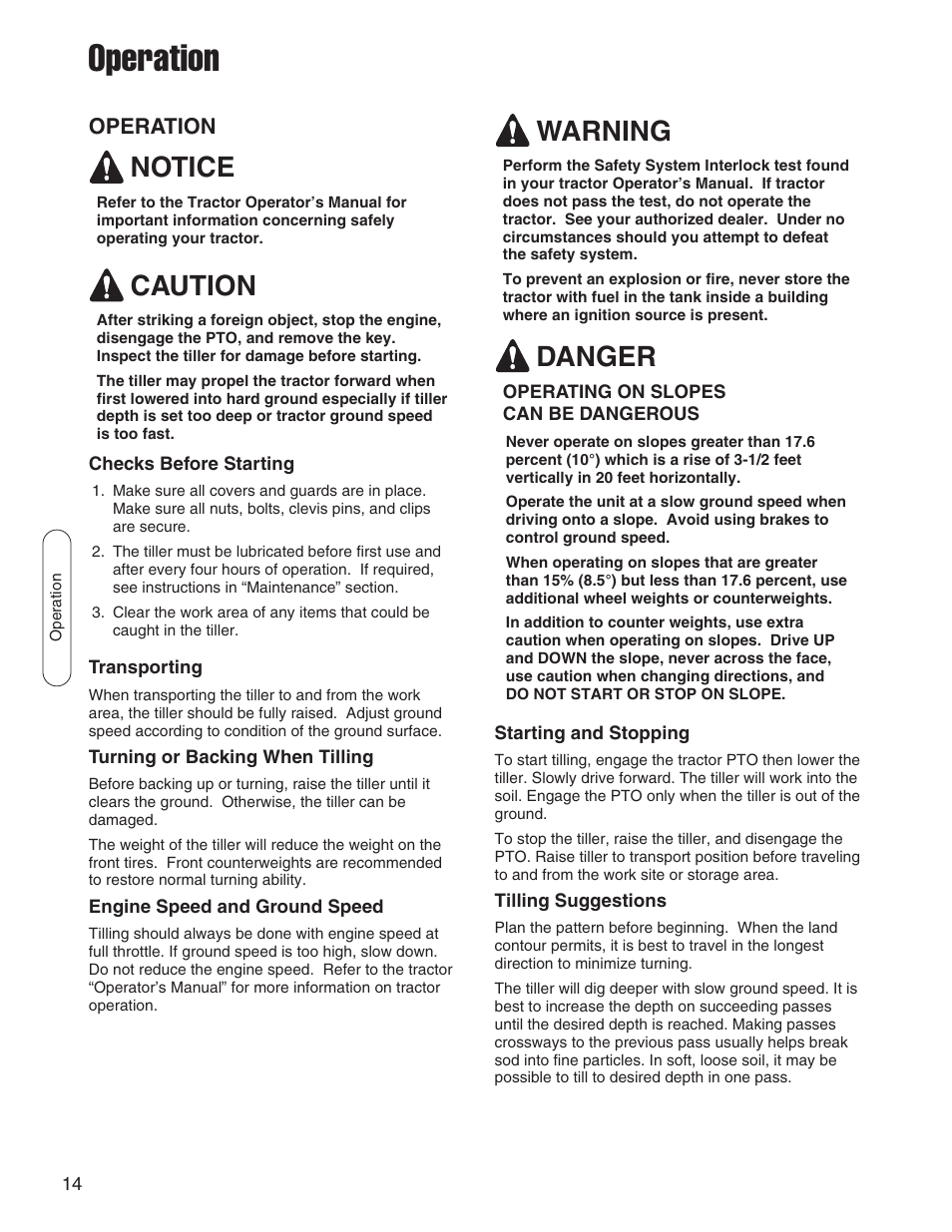 Operation, Notice, Caution | Warning, Danger | Snapper 1695419 User Manual | Page 14 / 22
