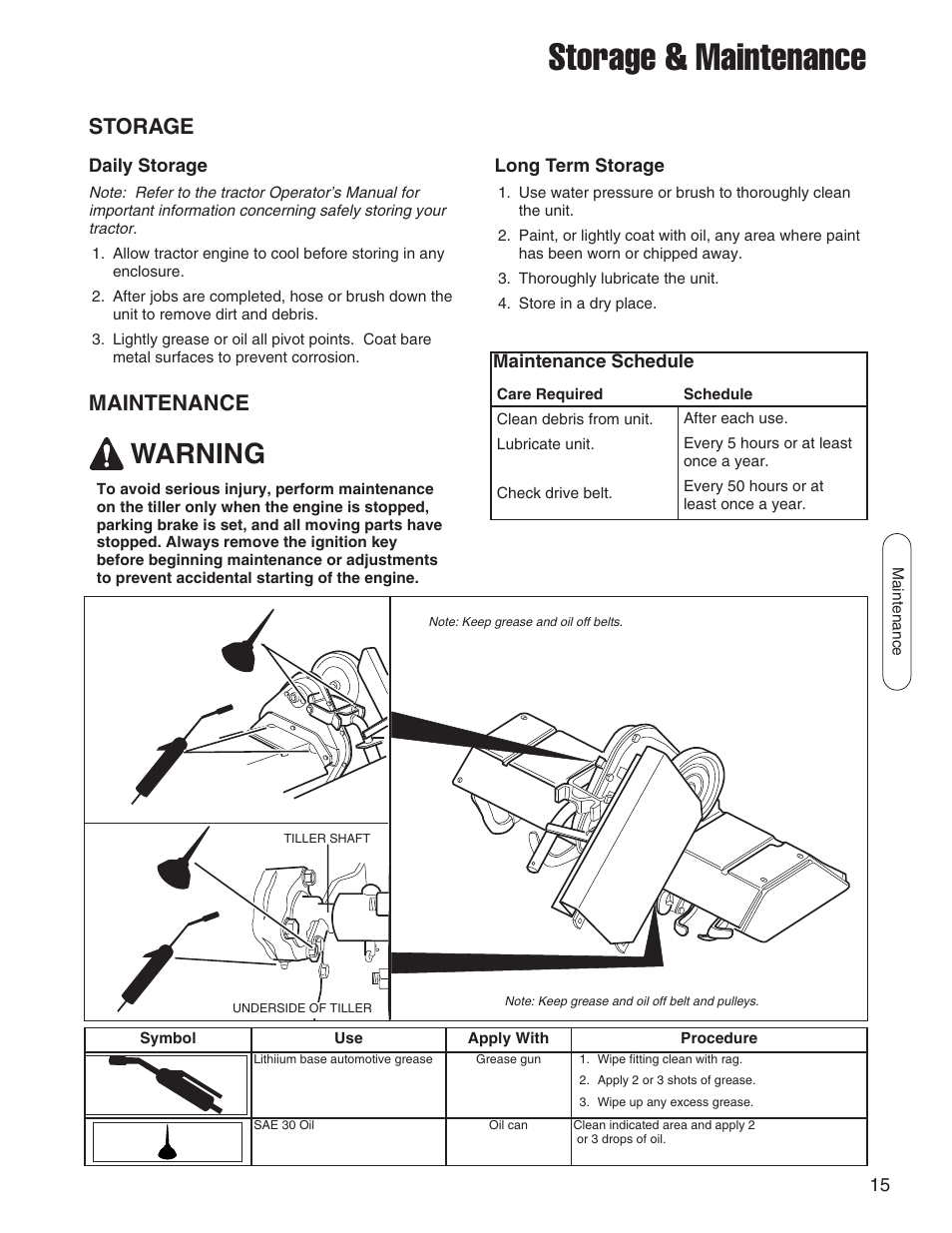 Storage & maintenance, Warning, Storage | Maintenance | Snapper 1695419 User Manual | Page 15 / 22