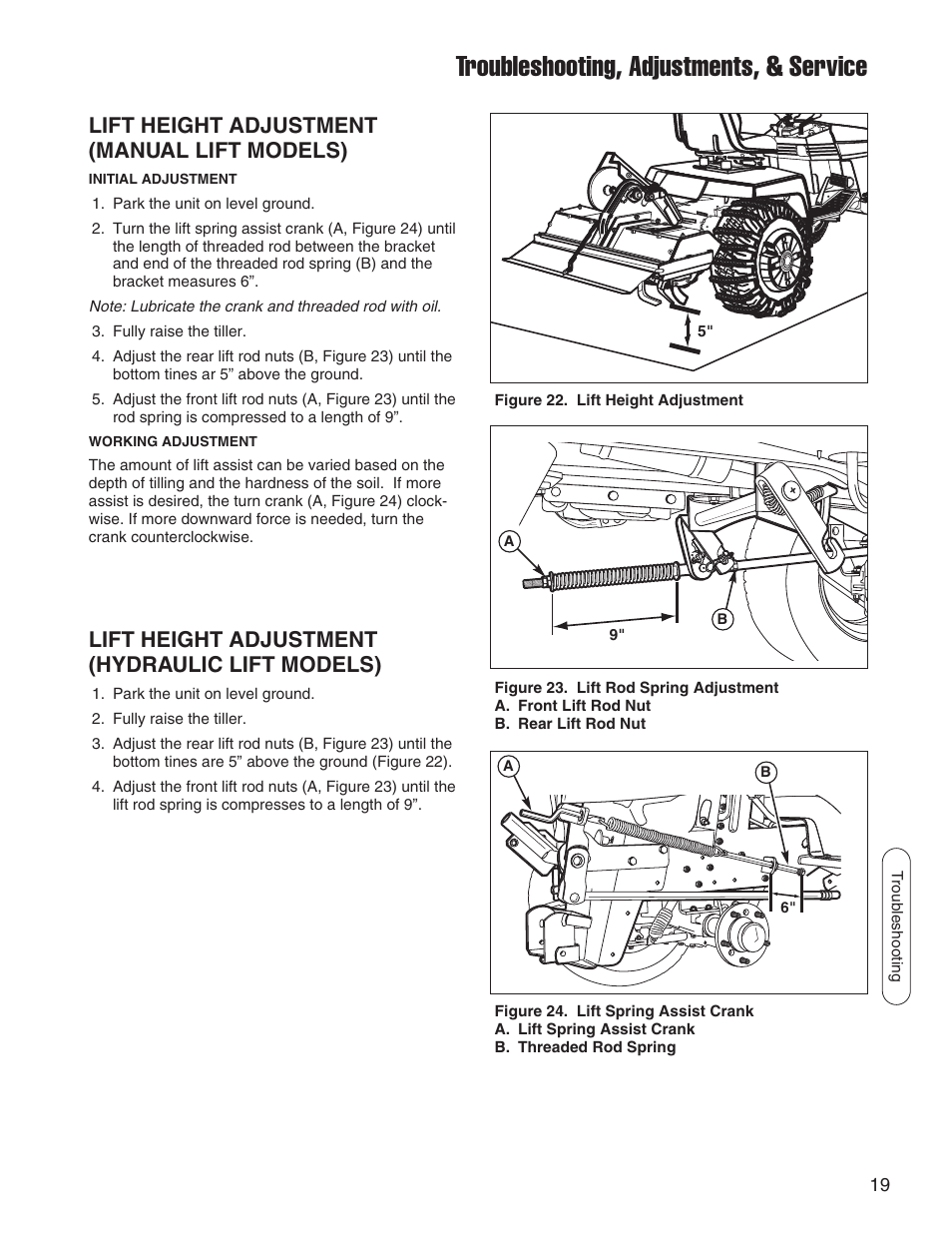 Troubleshooting, adjustments, & service, Lift height adjustment (manual lift models), Lift height adjustment (hydraulic lift models) | Snapper 1695419 User Manual | Page 19 / 22