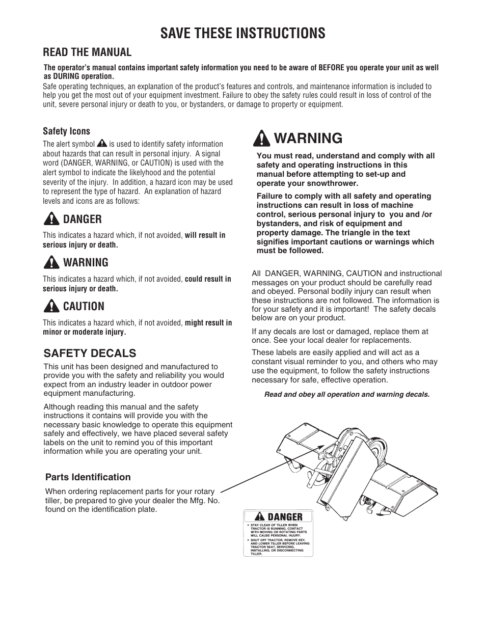 Save these instructions, Read the manual, Danger | Warning, Caution, Safety decals | Snapper 1695419 User Manual | Page 2 / 22