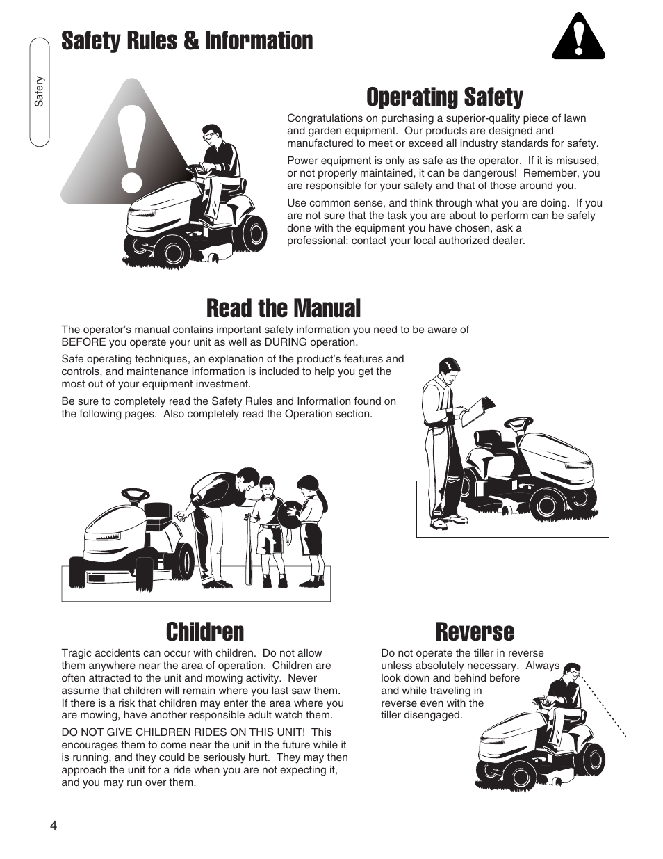 Safety rules & information operating safety, Read the manual, Children | Reverse | Snapper 1695419 User Manual | Page 4 / 22