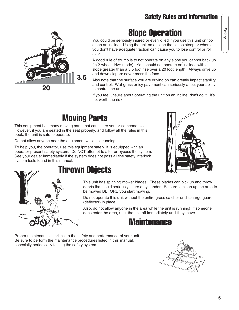 Slope operation, Moving parts, Thrown objects | Maintenance, Safety rules and information | Snapper 1695419 User Manual | Page 5 / 22