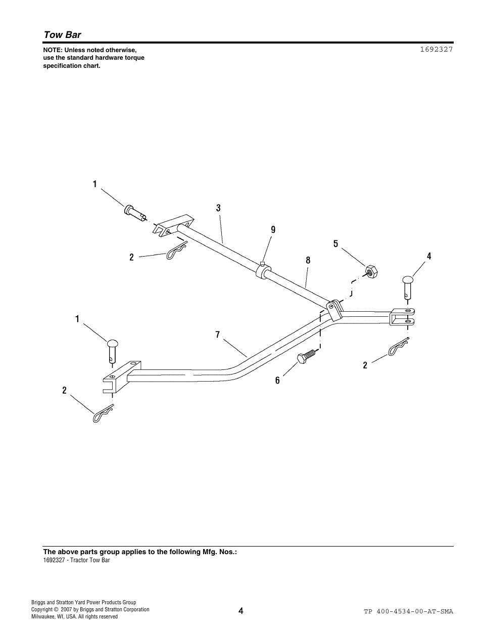 Tow bar | Snapper 4534 User Manual | Page 4 / 8