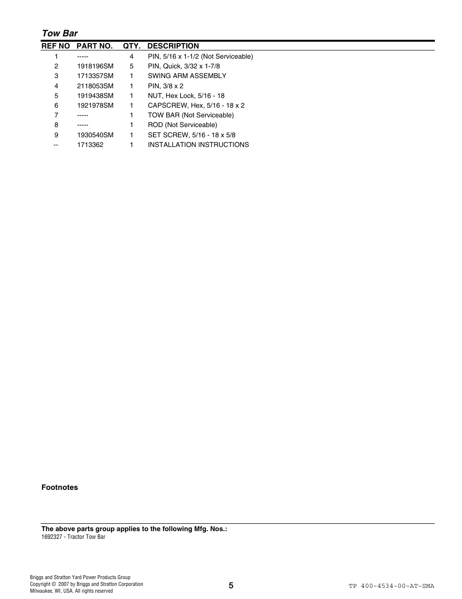 Tow bar | Snapper 4534 User Manual | Page 5 / 8