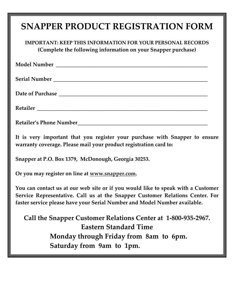 Snapper product registration form | Snapper I55224 User Manual | Page 20 / 21