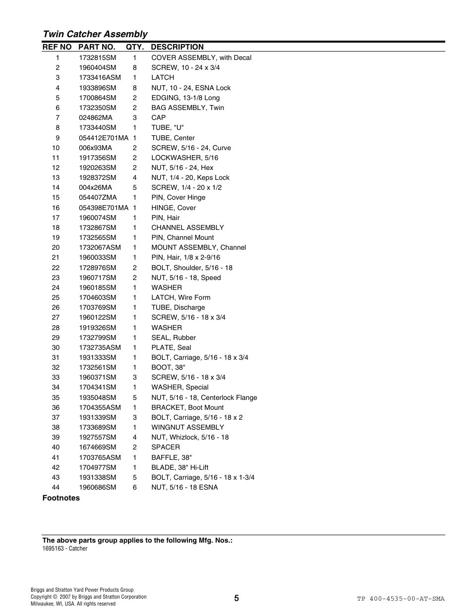Twin catcher assembly | Snapper 4535 User Manual | Page 5 / 12