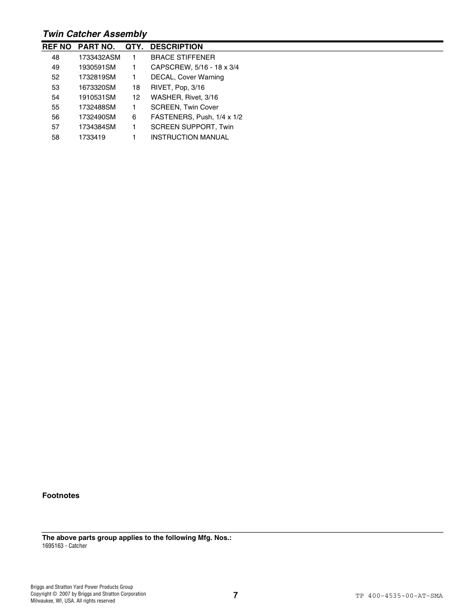 Twin catcher assembly | Snapper 4535 User Manual | Page 7 / 12