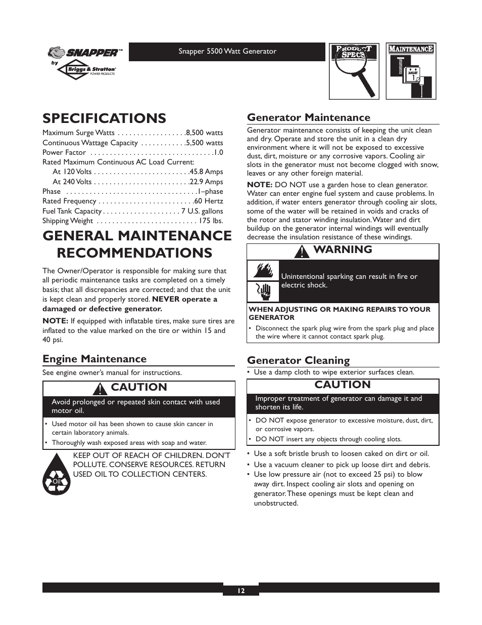 Specifications, General maintenance recommendations, Engine maintenance | Generator maintenance, Generator cleaning, Caution, Warning | Snapper 1668-0 User Manual | Page 12 / 20