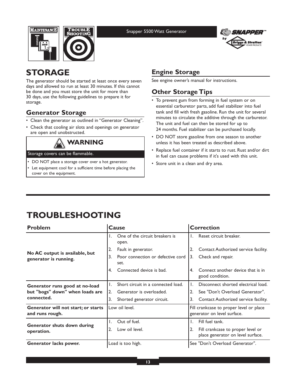 Storage, Troubleshooting, Generator storage | Engine storage, Other storage tips, Warning | Snapper 1668-0 User Manual | Page 13 / 20