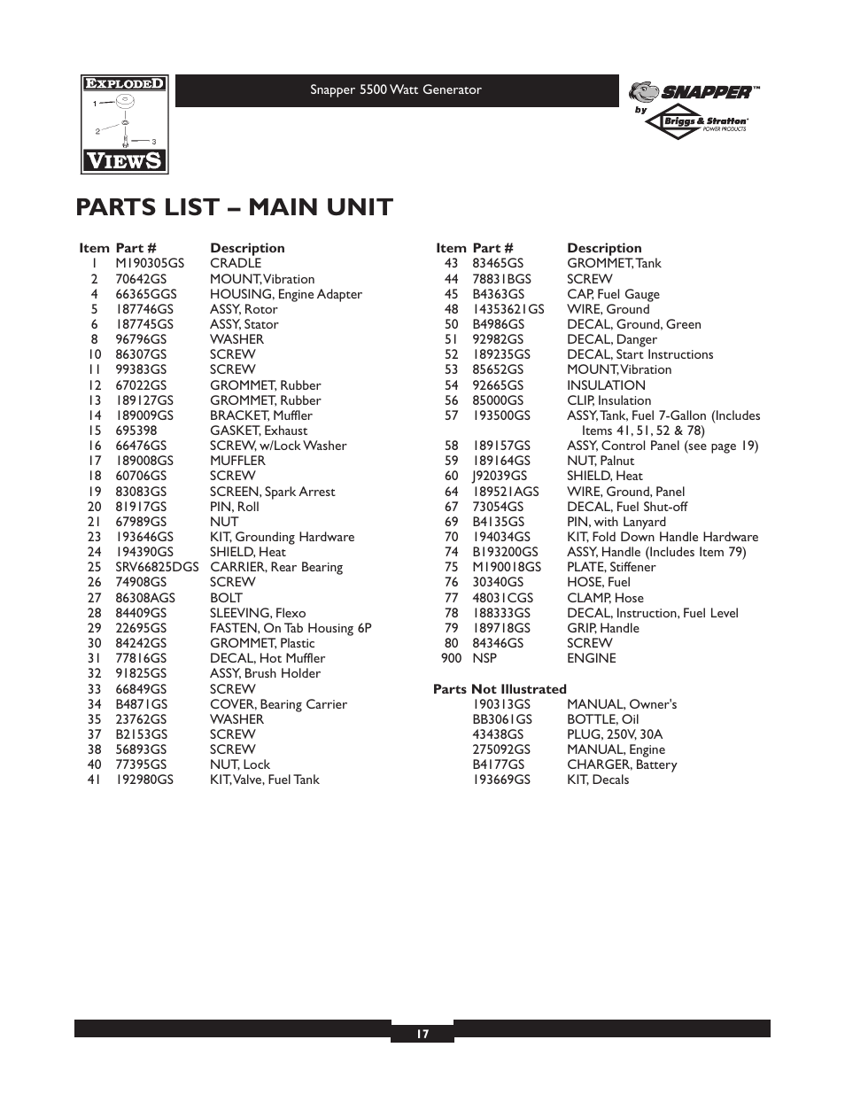 Parts list – main unit | Snapper 1668-0 User Manual | Page 17 / 20