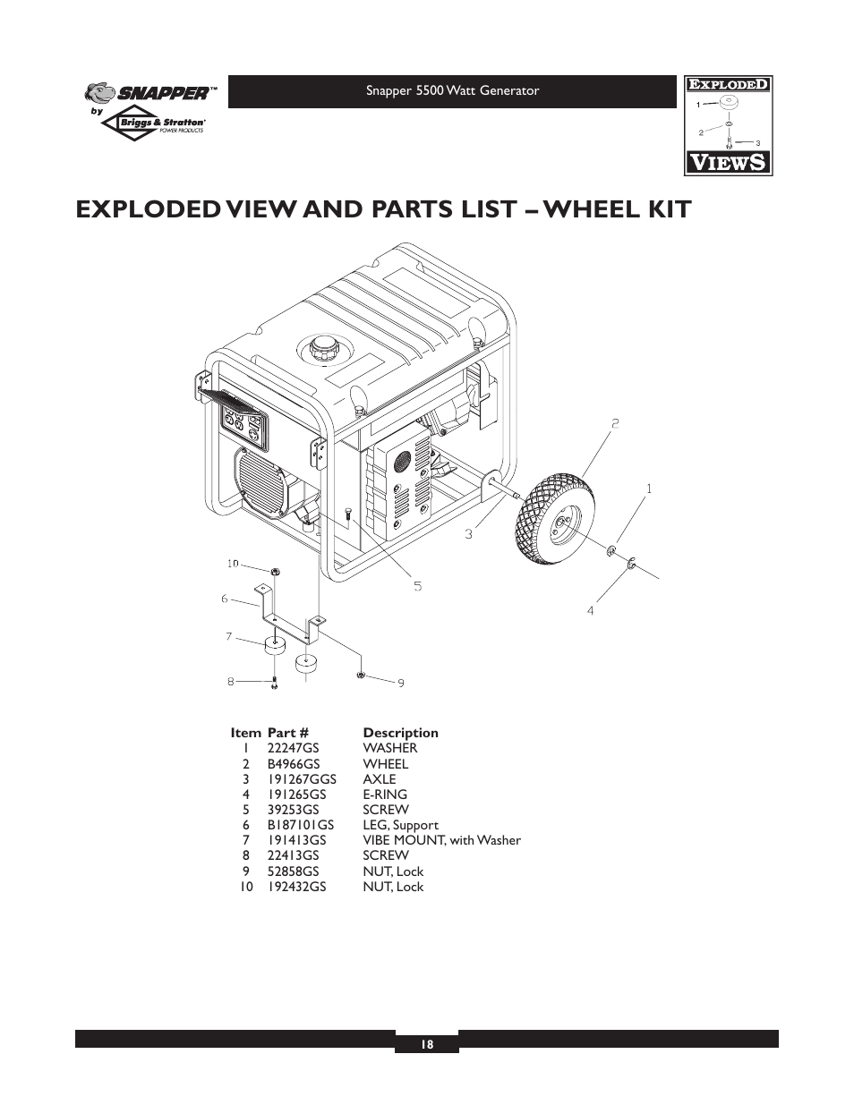 Exploded view and parts list – wheel kit | Snapper 1668-0 User Manual | Page 18 / 20