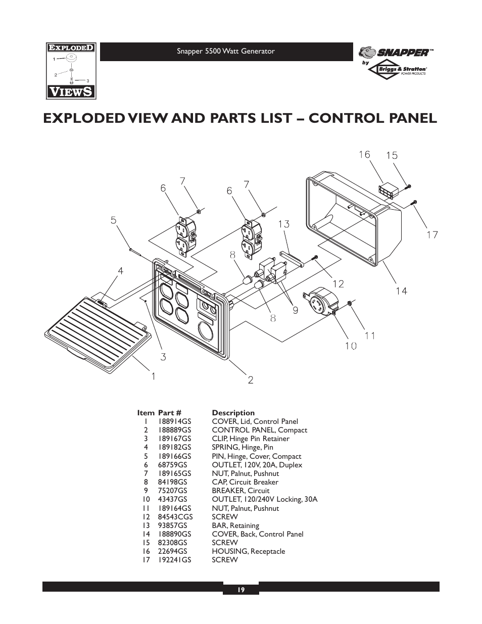 Exploded view and parts list – control panel | Snapper 1668-0 User Manual | Page 19 / 20