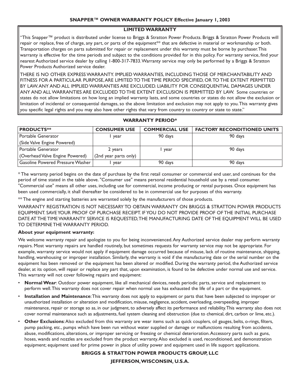 Snapper 1668-0 User Manual | Page 20 / 20