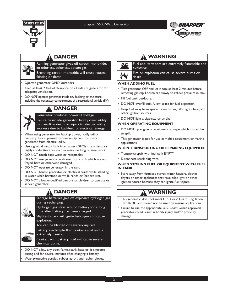 Danger, Warning | Snapper 1668-0 User Manual | Page 3 / 20