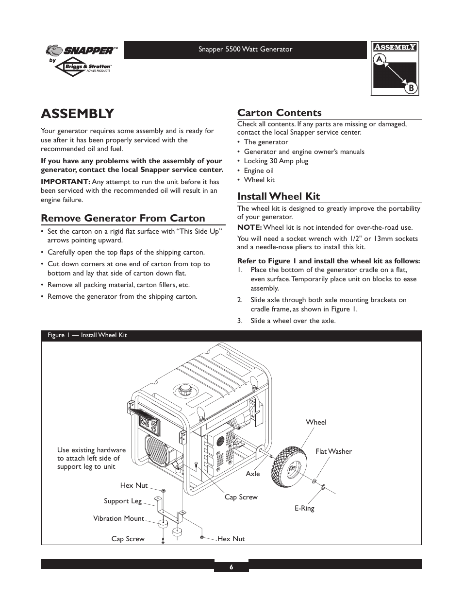 Assembly, Remove generator from carton, Carton contents | Install wheel kit | Snapper 1668-0 User Manual | Page 6 / 20