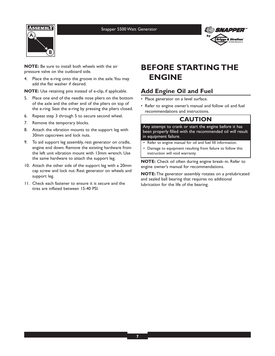 Before starting the engine, Add engine oil and fuel, Caution | Snapper 1668-0 User Manual | Page 7 / 20