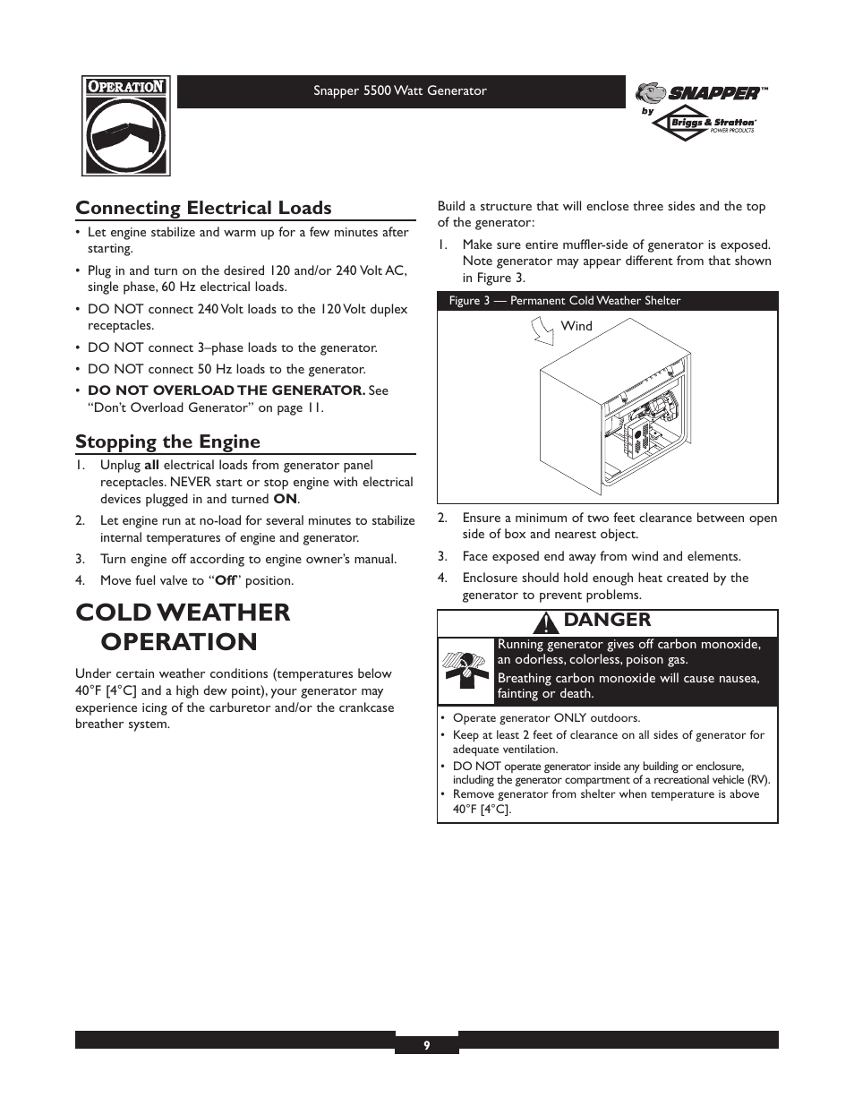 Cold weather operation, Connecting electrical loads, Stopping the engine | Danger | Snapper 1668-0 User Manual | Page 9 / 20