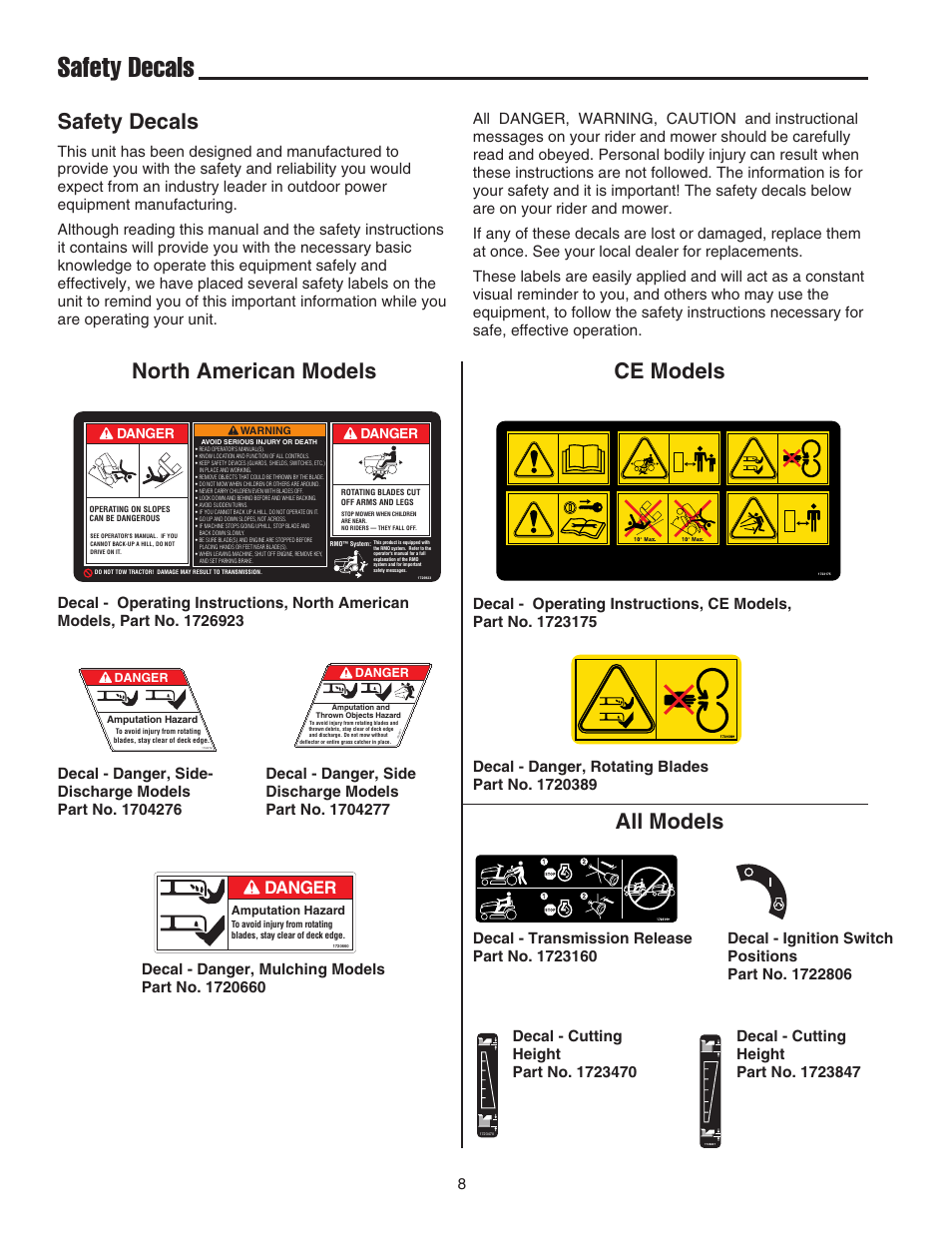 Safety decals, North american models all models ce models, Danger | Snapper 1600 Series User Manual | Page 10 / 48