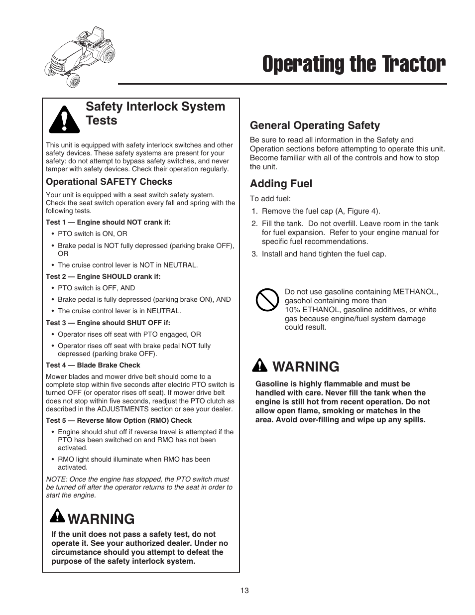 Operating the tractor, Warning, Safety interlock system tests | General operating safety, Adding fuel | Snapper 1600 Series User Manual | Page 15 / 48