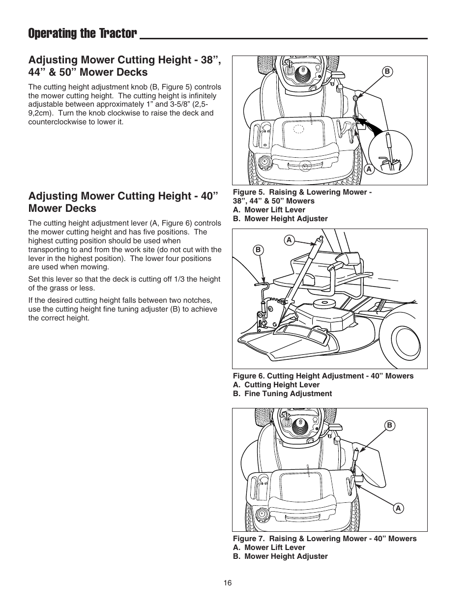 Operating the tractor, Adjusting mower cutting height - 40” mower decks | Snapper 1600 Series User Manual | Page 18 / 48