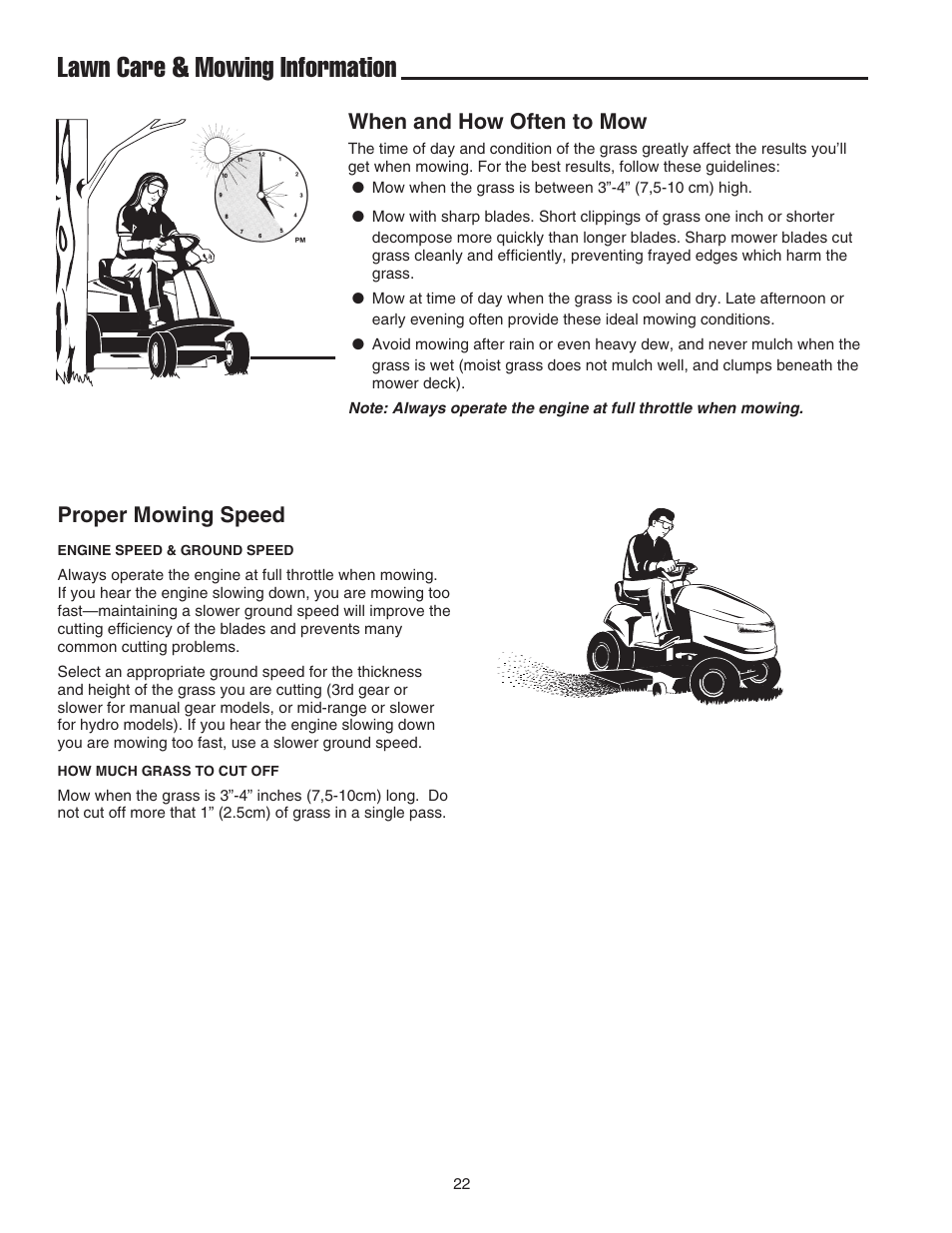 Lawn care & mowing information, When and how often to mow, Proper mowing speed | Snapper 1600 Series User Manual | Page 24 / 48