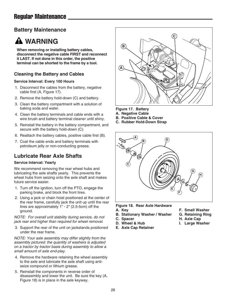 Regular maintenance, Warning, Battery maintenance | Lubricate rear axle shafts | Snapper 1600 Series User Manual | Page 28 / 48
