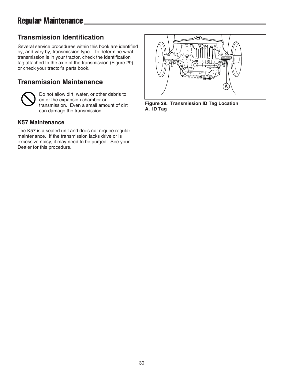 Regular maintenance, Transmission maintenance, Transmission identification | K57 maintenance | Snapper 1600 Series User Manual | Page 32 / 48