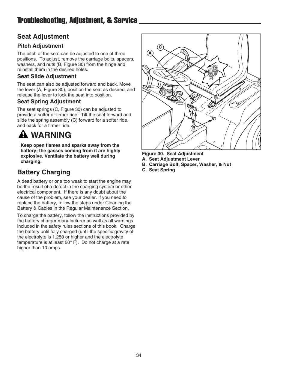 Troubleshooting, adjustment, & service, Warning, Seat adjustment | Battery charging | Snapper 1600 Series User Manual | Page 36 / 48