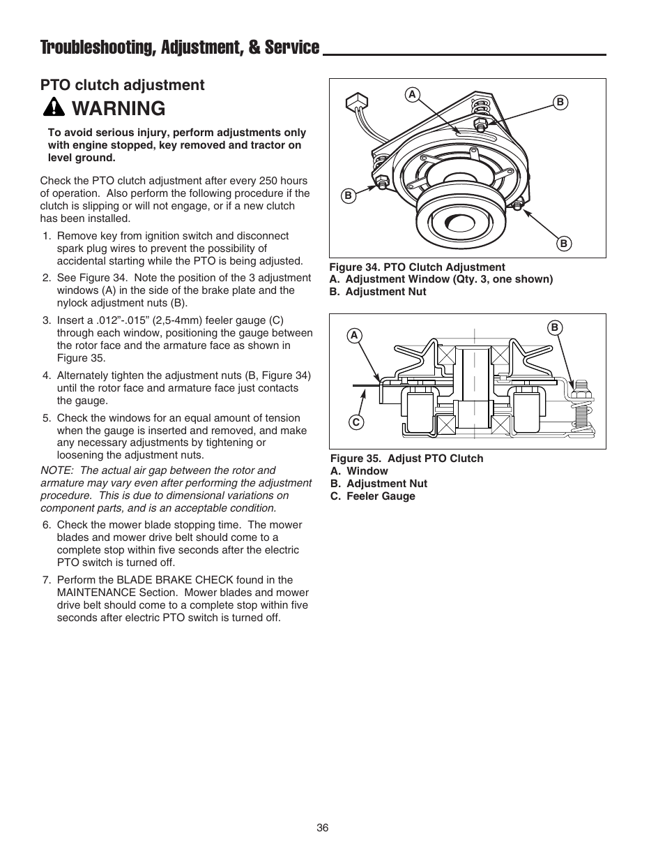 Troubleshooting, adjustment, & service, Warning, Pto clutch adjustment | Snapper 1600 Series User Manual | Page 38 / 48