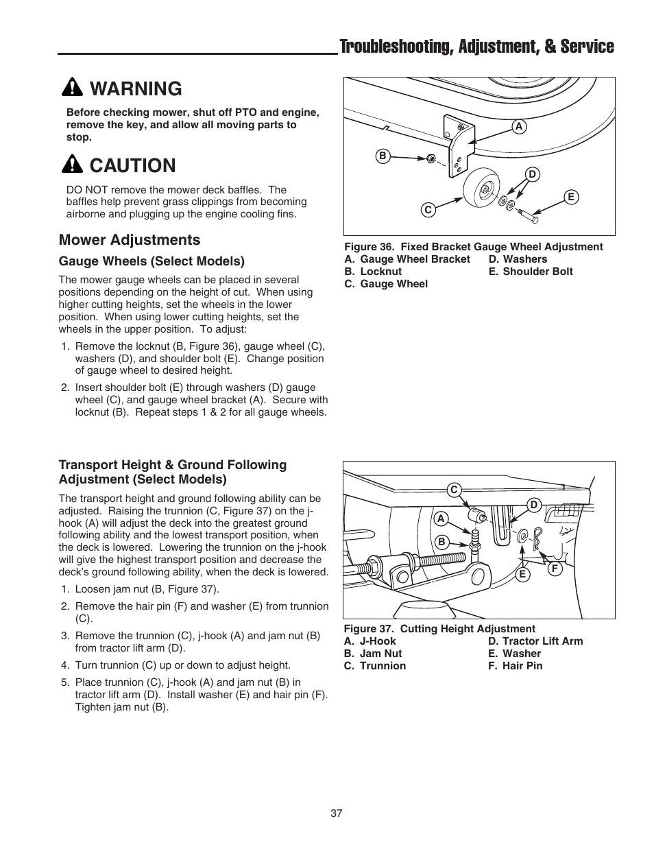 Troubleshooting, adjustment, & service, Warning, Caution | Mower adjustments | Snapper 1600 Series User Manual | Page 39 / 48