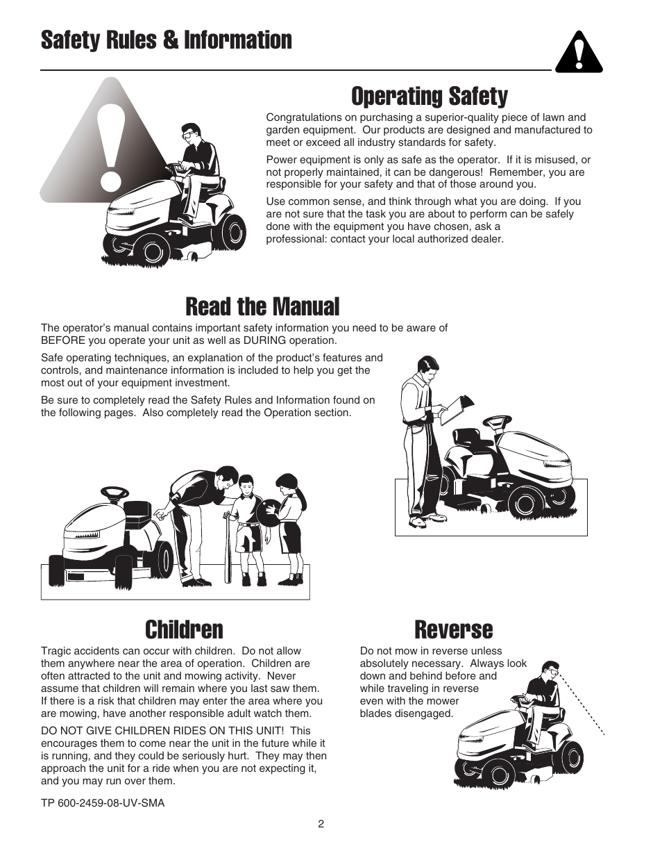 Safety rules & information, Operating safety, Read the manual | Children, Reverse | Snapper 1600 Series User Manual | Page 4 / 48