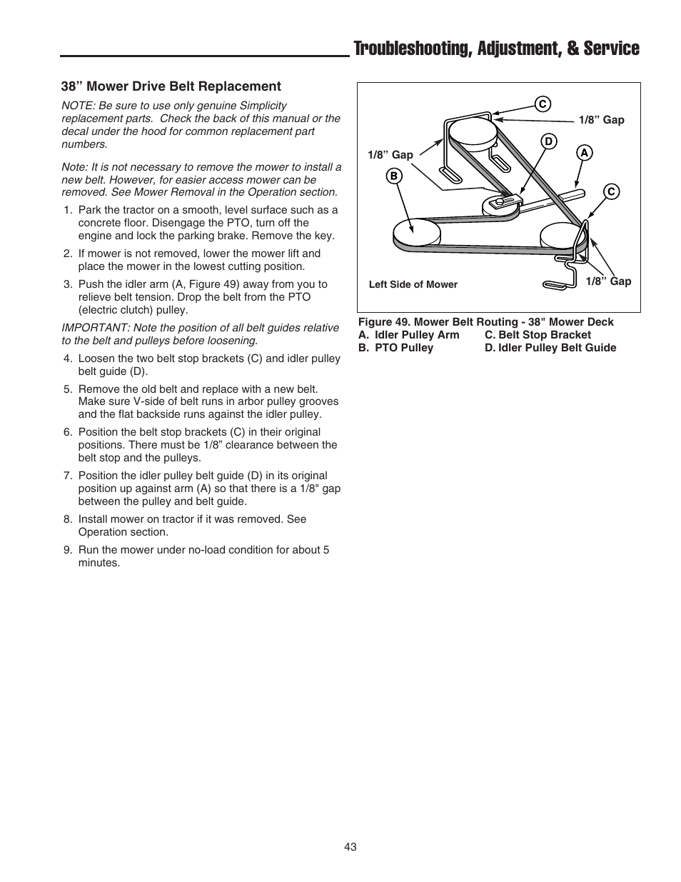 Troubleshooting, adjustment, & service | Snapper 1600 Series User Manual | Page 45 / 48