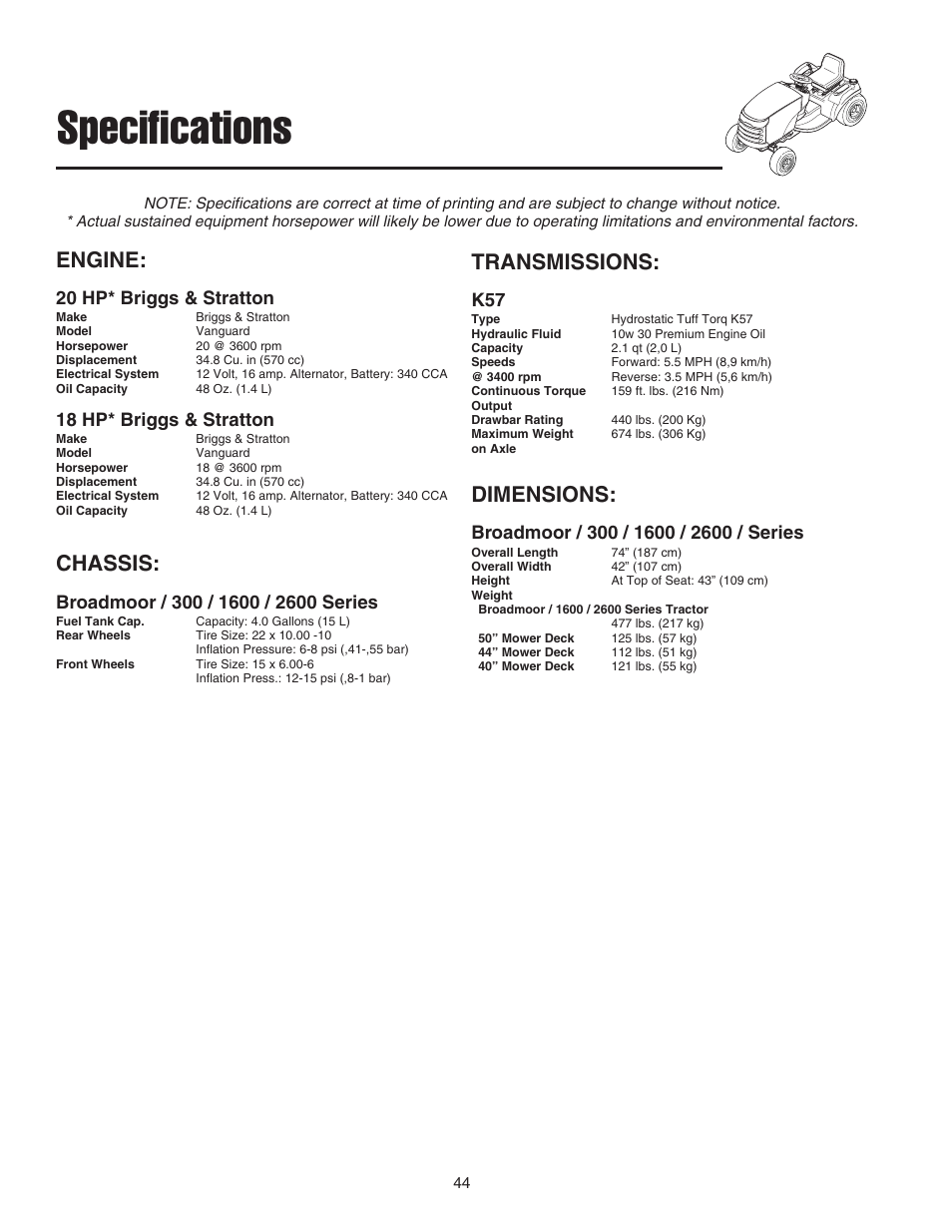 Specifications, Engine, Chassis | Transmissions, Dimensions, 20 hp* briggs & stratton, 18 hp* briggs & stratton | Snapper 1600 Series User Manual | Page 46 / 48