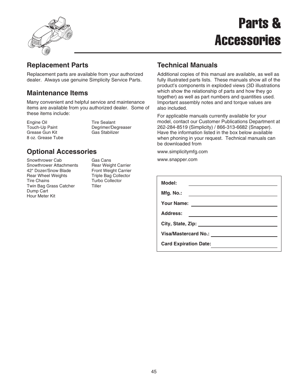Parts & accessories | Snapper 1600 Series User Manual | Page 47 / 48