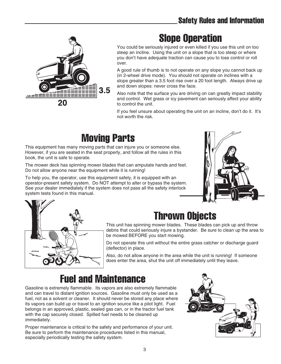 Slope operation, Moving parts, Thrown objects | Fuel and maintenance, Safety rules and information | Snapper 1600 Series User Manual | Page 5 / 48