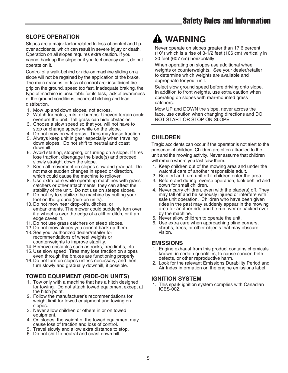 Safety rules and information, Warning | Snapper 1600 Series User Manual | Page 7 / 48