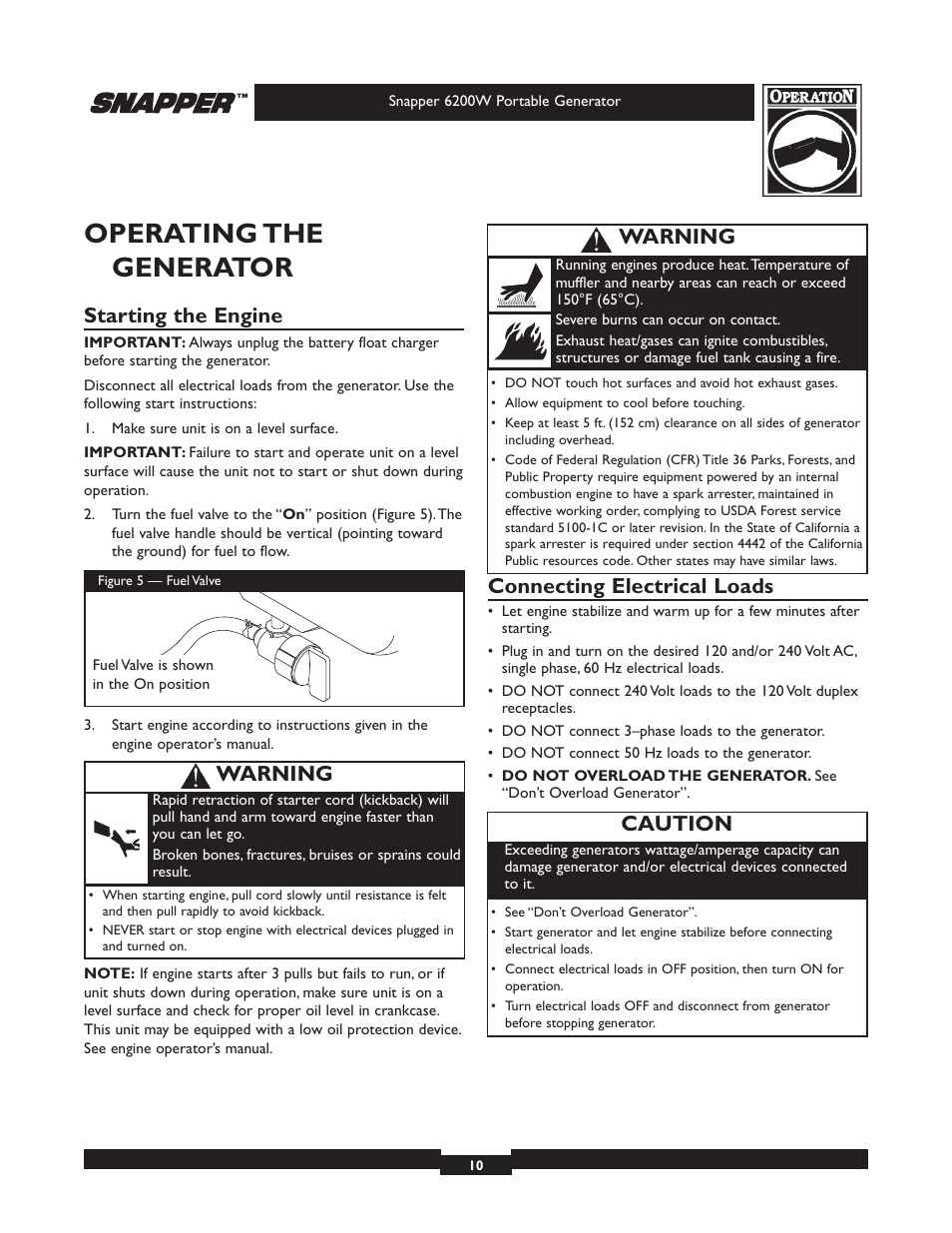 Operating the generator, Starting the engine, Connecting electrical loads | Caution, Warning | Snapper 6200 User Manual | Page 10 / 32