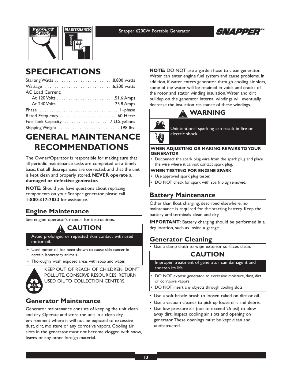 Specifications, General maintenance recommendations, Engine maintenance | Generator maintenance, Battery maintenance, Generator cleaning, Caution, Warning | Snapper 6200 User Manual | Page 13 / 32