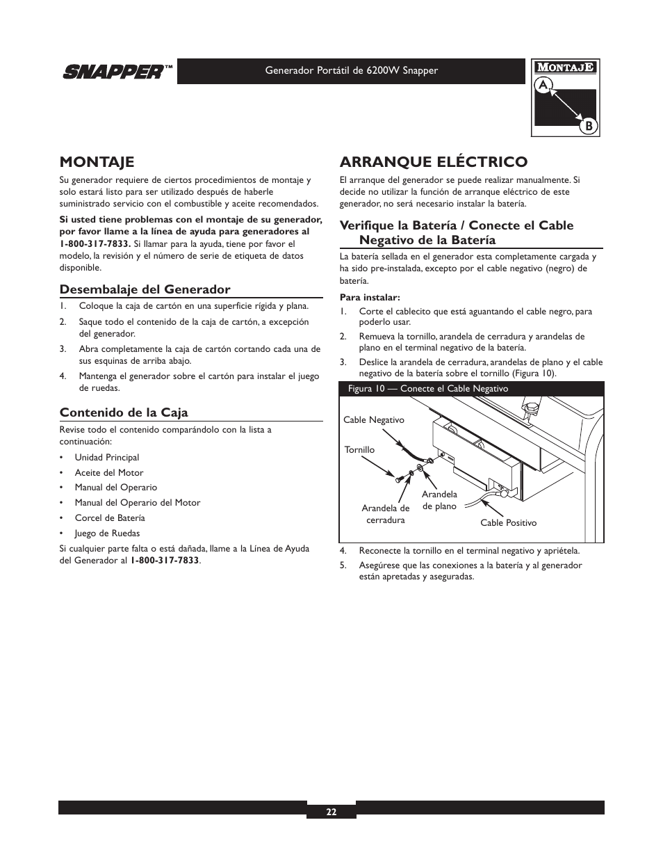 Montaje, Arranque eléctrico | Snapper 6200 User Manual | Page 22 / 32