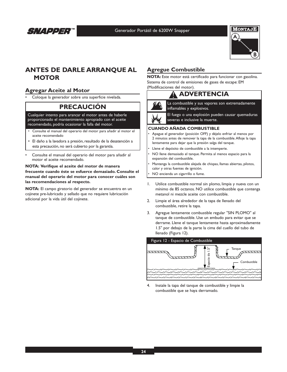 Antes de darle arranque al motor, Precaución, Advertencia | Agregar aceite al motor, Agregue combustible | Snapper 6200 User Manual | Page 24 / 32