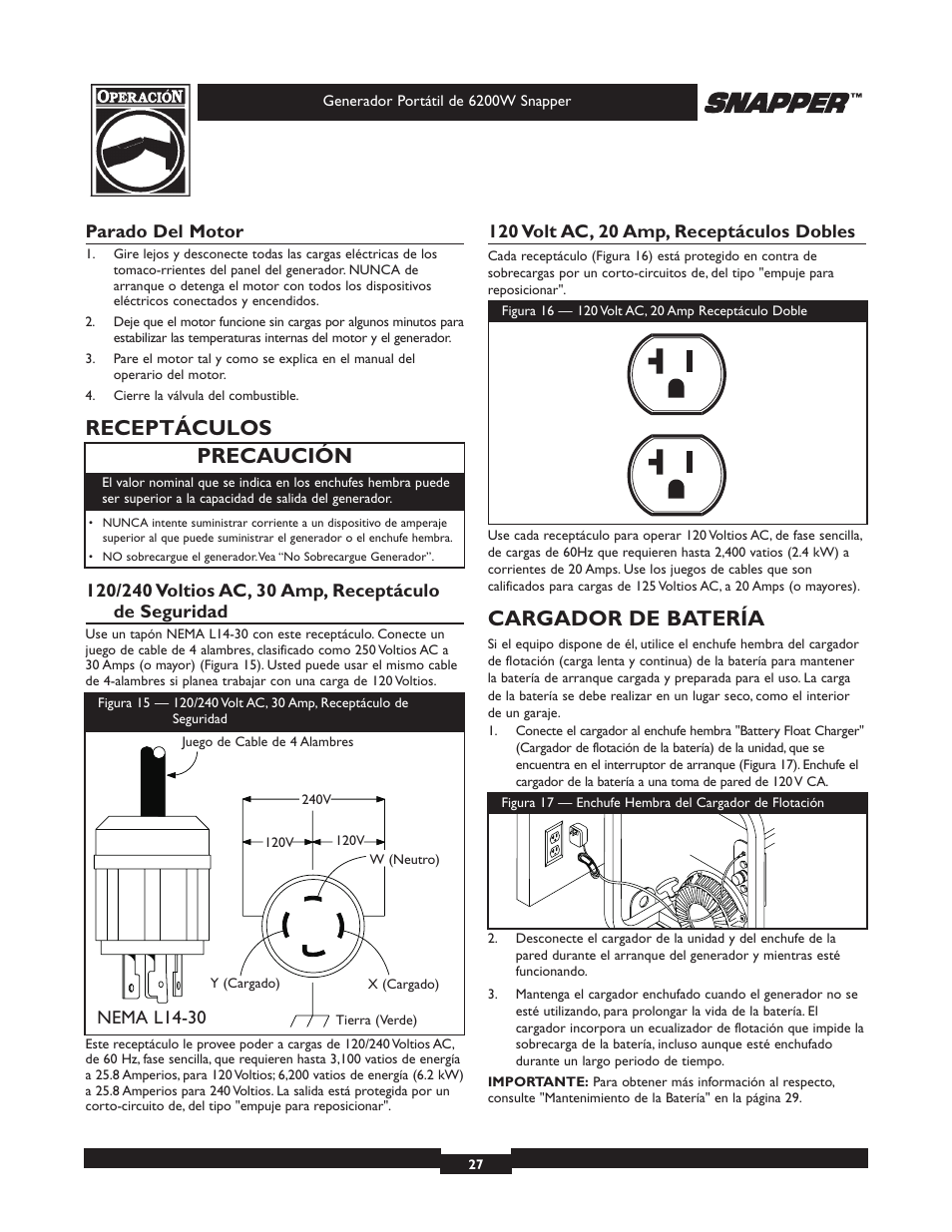 Receptáculos, Cargador de batería, Precaución | Snapper 6200 User Manual | Page 27 / 32