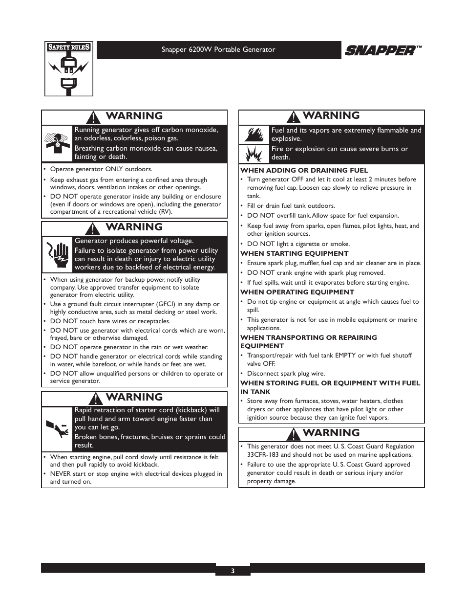 Warning | Snapper 6200 User Manual | Page 3 / 32