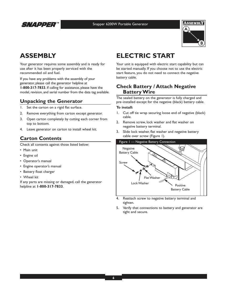 Assembly, Electric start, Unpacking the generator | Carton contents, Check battery / attach negative battery wire | Snapper 6200 User Manual | Page 6 / 32